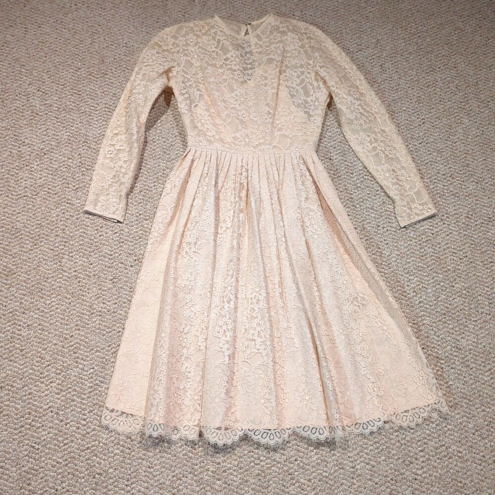 Vintage L'AIGLON Dress 10 Beige Floral Lace Pleated Victorian Romantic Whimsical